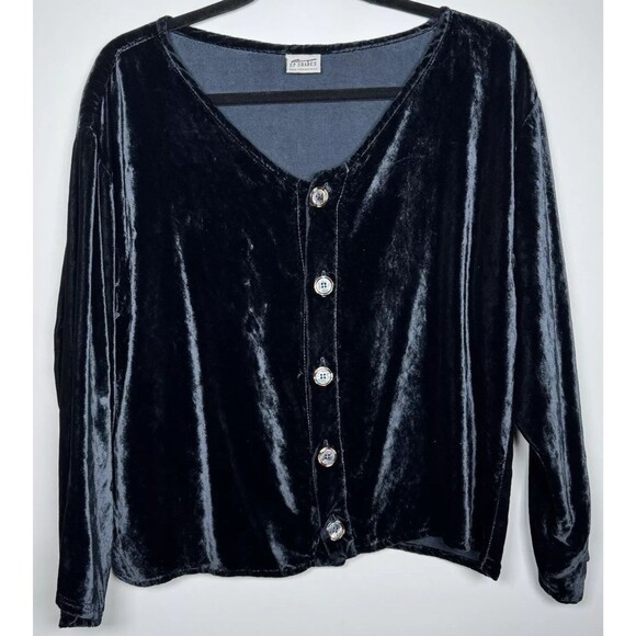 CP Shades Womens Small Navy Blue Velvet Button Up Cardigan Blouse Rayon SF - Picture 1 of 11